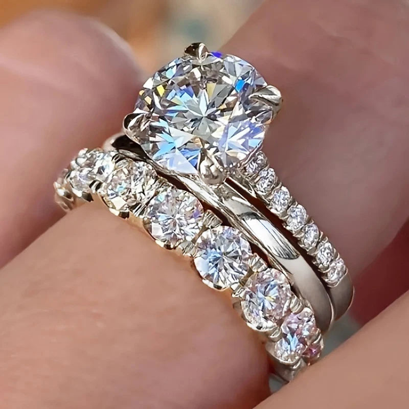 Huitan Gorgeous 3Pcs Set of Rings Female Luxury Shiny Round Zirconia Finger Jewelry Fashion Gold Color Accessories for Wedding